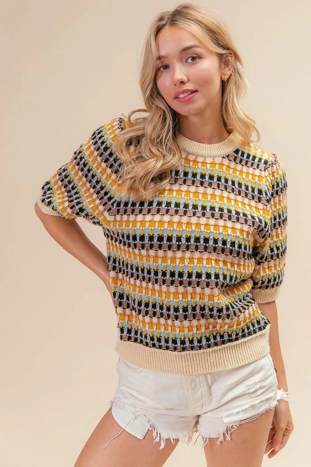 BiBi Multi Color Half Sleeve Sweater - Love Salve